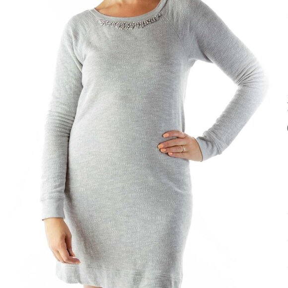 Kenar women's S long sleeve knee length sweatshirt dress w/ rhinestone details - Picture 2 of 8